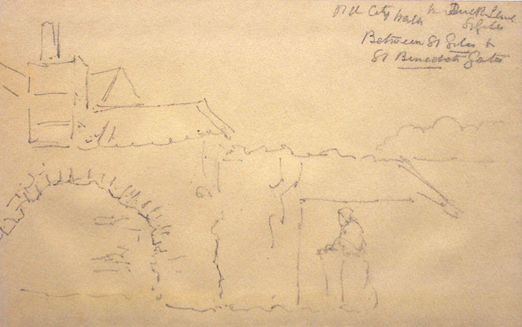 Drawing of the Old City Wall in Duck Lane by Bosworth Harcourt