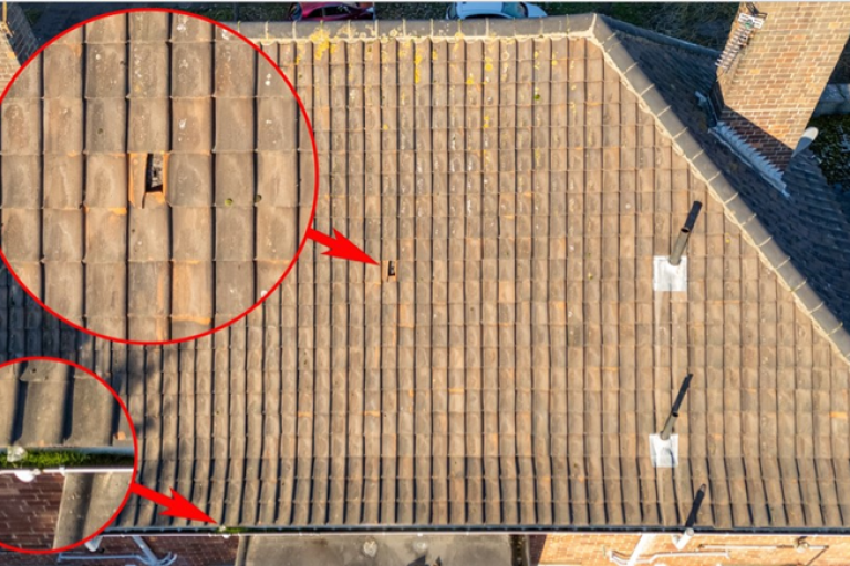 Picture shows rooftops taken from a drone.