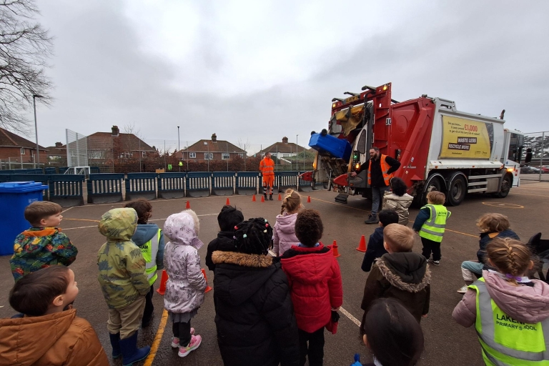 Lakenham pupils enjoy bin lorry demonstration.