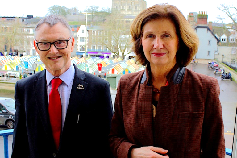 Mike Stonard and Hélène Tréheux-Duchêne on City Hall balcony