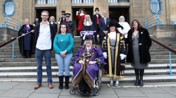 Norwich's Lord Mayor, Sheriff and others on City Hall steps