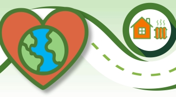 A globe inside a heart with a house and radiator