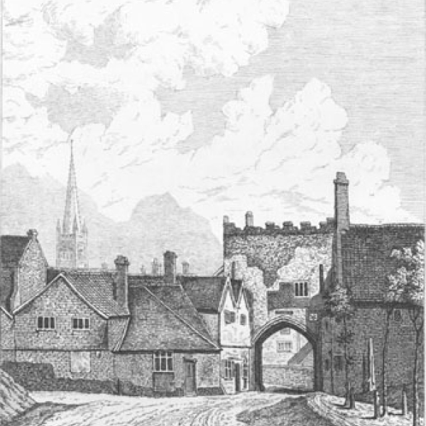 St Augustine's Gate drawn by John Ninham shortly before it was demolished in 1794